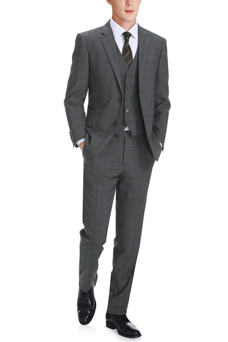 Mens Gray Plaid Suit Two Button Classic Fit Vested Suit In Charcoal Grey Windowpane Plaid