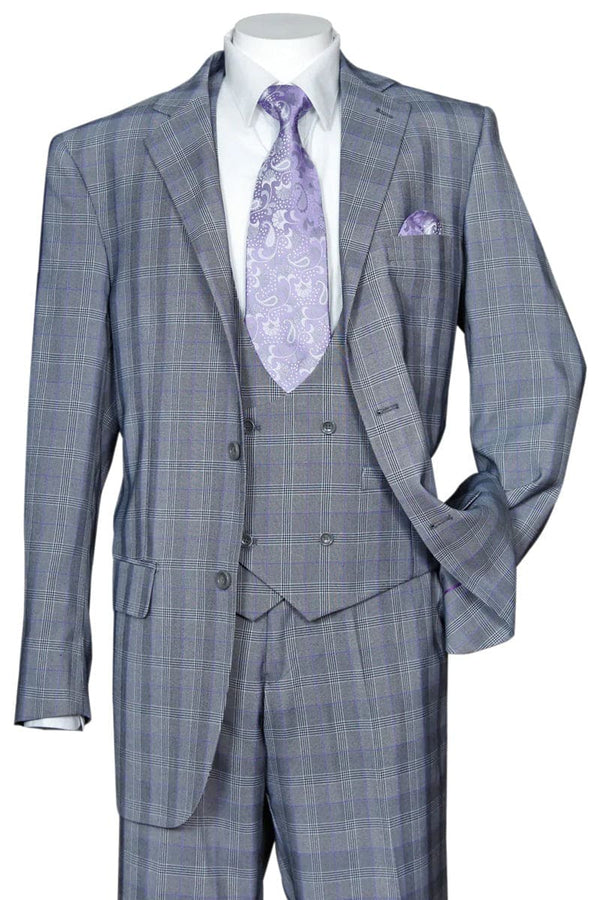 Mens Gray Plaid Suit Modern Fit Plaid Windowpane Suit With Double Breasted Scoop Vest In Grey