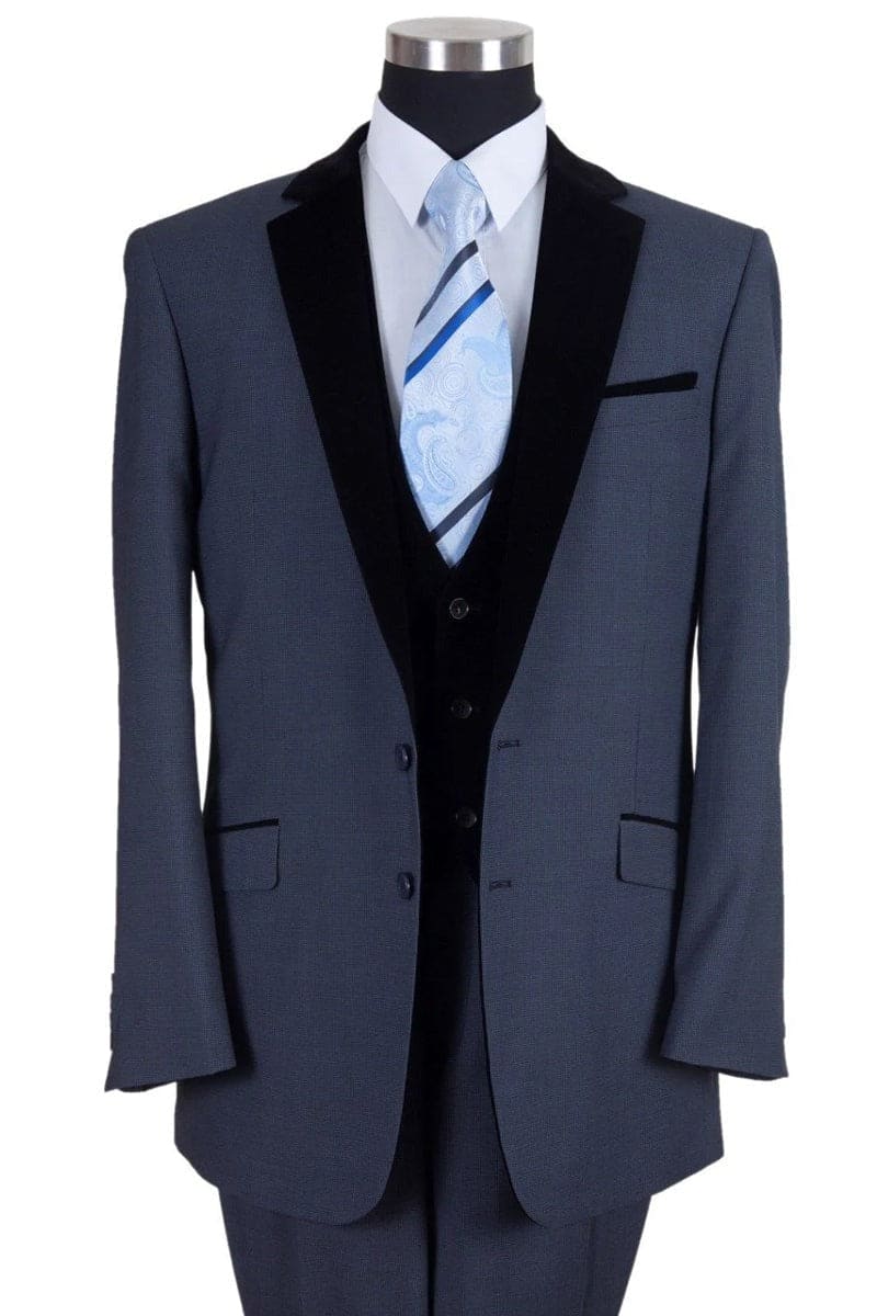 Men’s Vested Modern Fit Suit in Navy Blue with Black Velvet Lapel and Vest