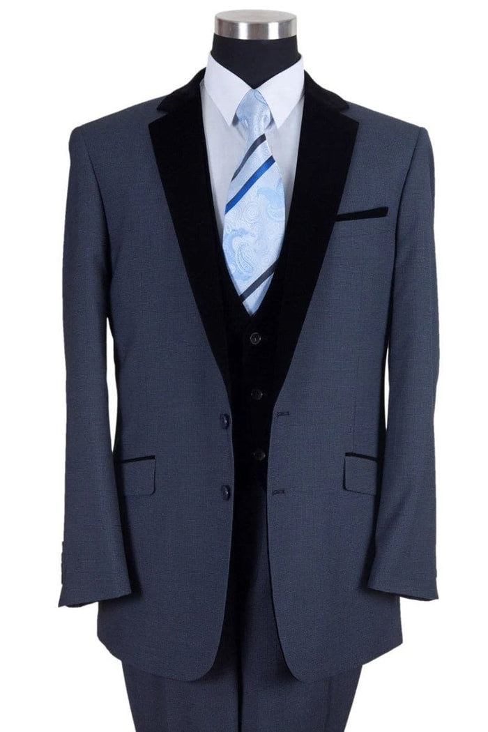 Men’s Vested Modern Fit Suit in Navy Blue with Black Velvet Lapel and Vest