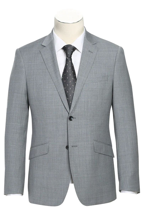 Mens Gray Plaid Suit Slim Fit Two Button Hack Pocket Suit In Light Grey Windowpane Plaid