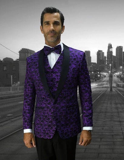 Mens Vested Floar Pattern Side Vents and Shawl Lapel Tuxedo in Purple