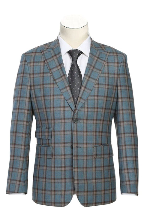 Mens Gray Plaid Suit Designer Two Button Slim Fit Peak Lapel Wool Suit In Grey Windowpane Plaid Check