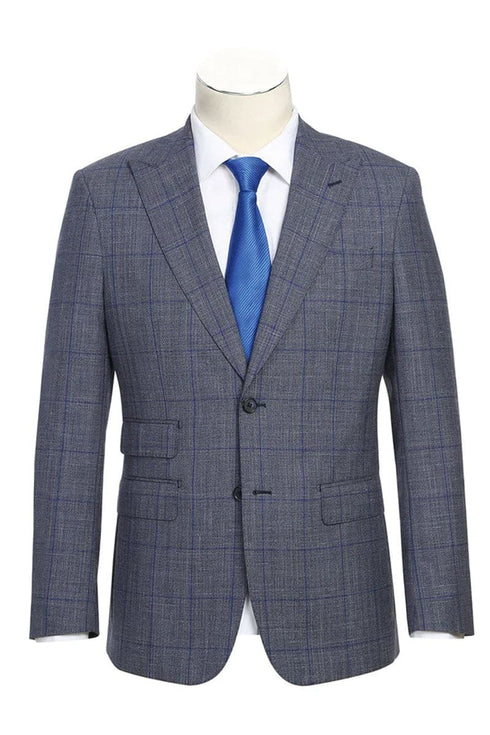 Mens Gray Plaid Suit Designer Two Button Slim Fit Peak Lapel Wool Suit In Grey & Blue Windowpane Plaid Check