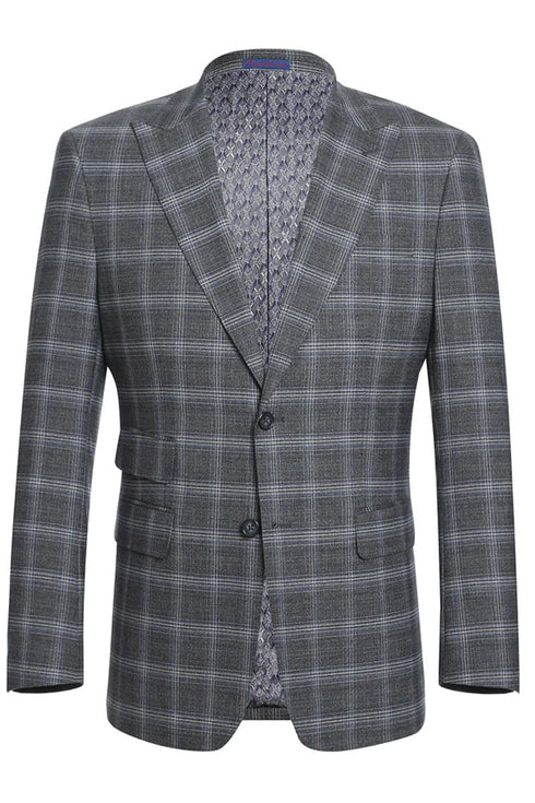 Mens Gray Plaid Suit Designer Two Button Slim Fit Peak Lapel Ticket Pocket Suit In Grey Blue Windowpane Plaid