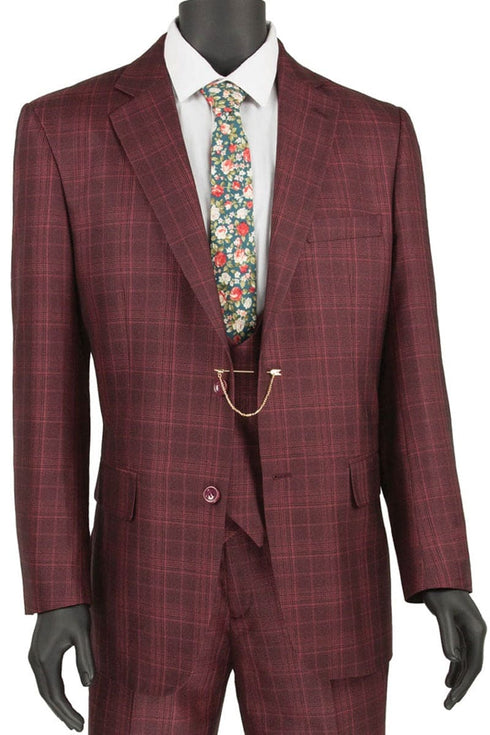 Mens Burgundy Plaid Suit Double Breasted Bold Windowpane Plaid Suit In Burgundy