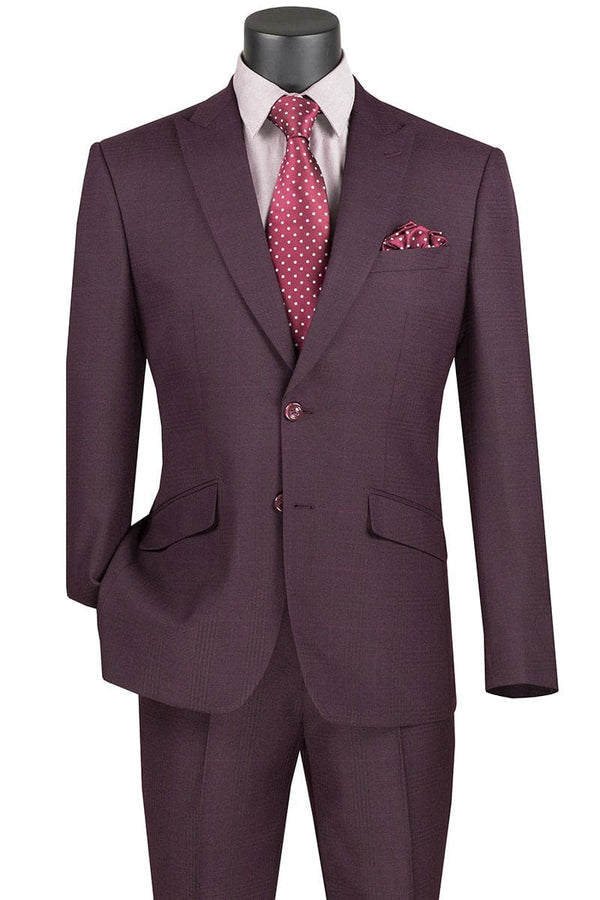 Mens Burgundy Plaid Suit 2 Button Modern Fit Peak Lapel Plaid Suit In Burgundy