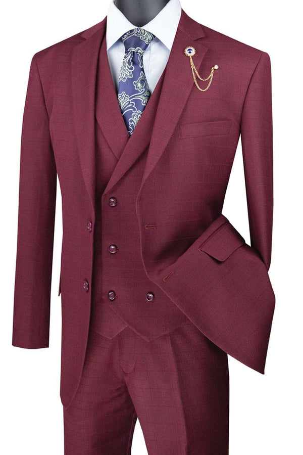 Mens Burgundy Plaid Suit 2 Button Double Breasted Vest Plaid Suit In Burgundy