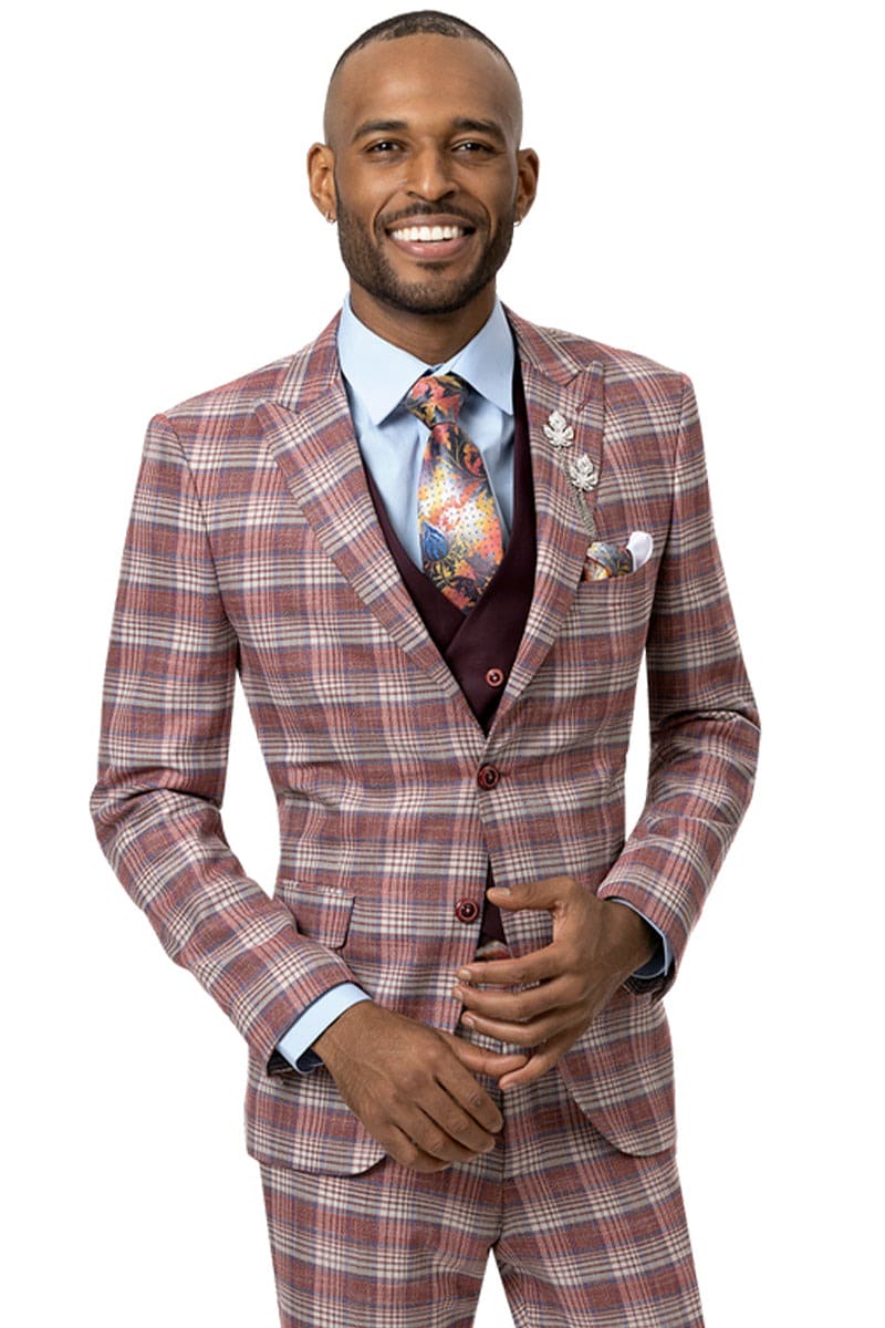 Mens Burgundy Plaid Suit Two Button Modern Fit Peak Lapel Double Breasted Vest Suit In Burgundy Windowpane Plaid