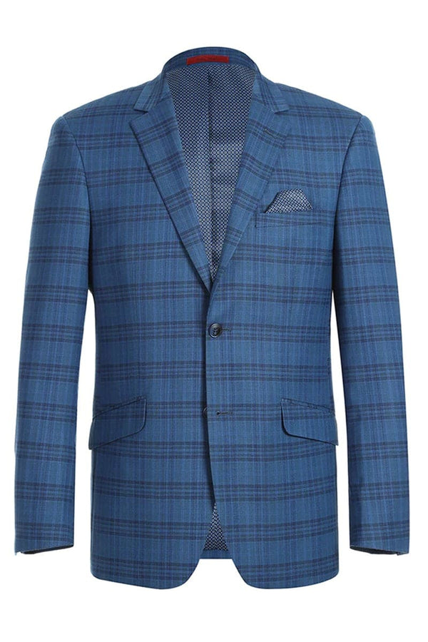 Sacos Para Hombre - Sacos Vaqueros Mens Two Button Slim Fit Sport Coat Blazer in Medium Indigo Blue Windowpane Plaid