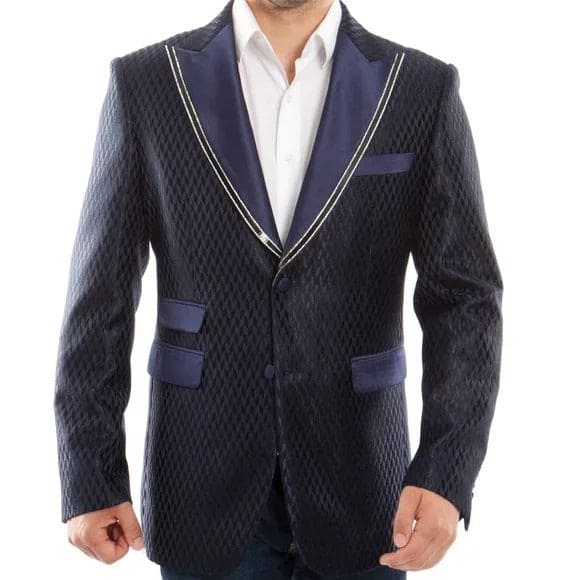 Navy Blue and Gold Trim Tuxedo Dinner Jacket - Navy Blue Blazer