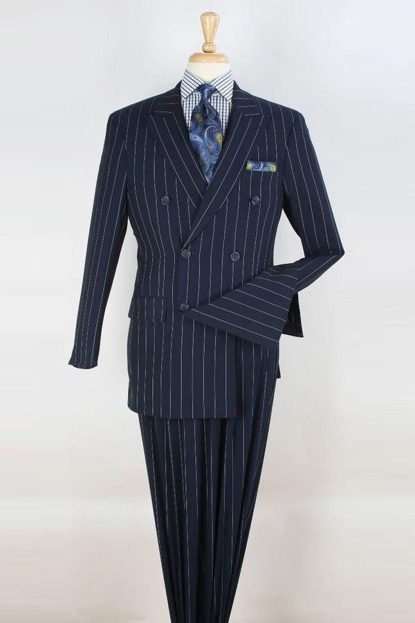 Mens Blue Pinstripe Suit Double Breasted 1920's Wide Bold Gangster Pinstripe Suit In Navy