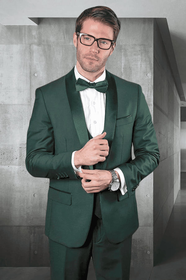 Men's Designer Wool One Button Shawl Lapel Wedding Tuxedo in Hunter Green