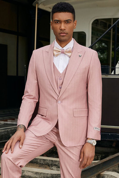 Mens Stacy Adams Suit -Stacy Adams Men's Modern Vested Suit - One Button, Rose Pink Pinstripe