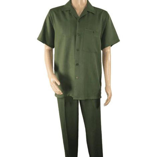 Olive green men's walking suit: short-sleeved collared shirt with chest pocket and matching pants. Lightweight, smooth fabric for comfortable wear.
