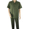 Olive green men's walking suit: short-sleeved collared shirt with chest pocket and matching pants. Lightweight, smooth fabric for comfortable wear.
