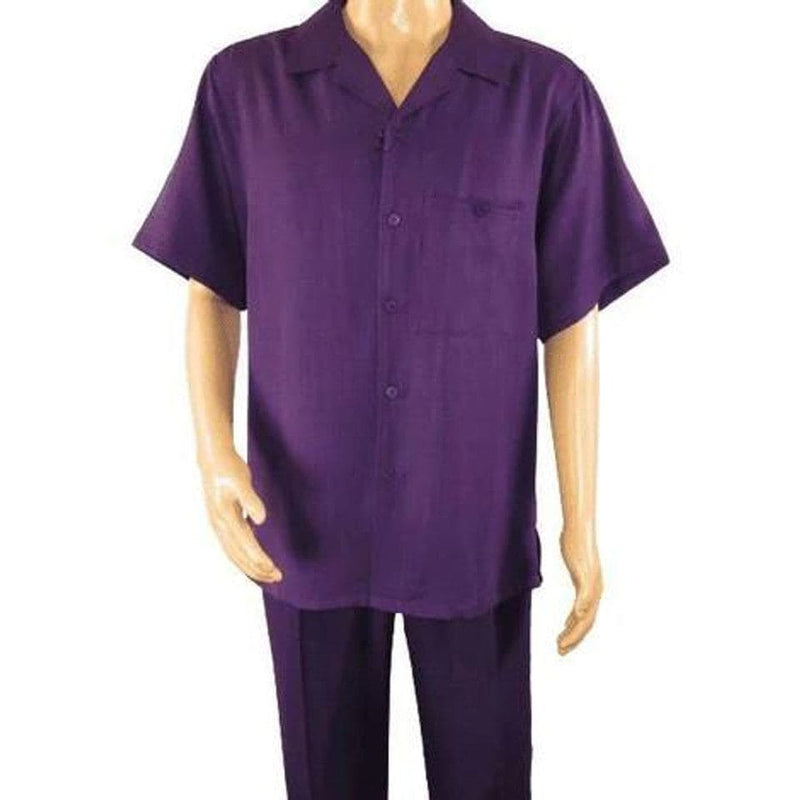 Alberto Nardoni men's purple walking suit. Short sleeve, collared shirt with button-front, chest pocket, and matching straight-leg pants. Lightweight, smooth fabric.

