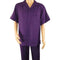 Alberto Nardoni men's purple walking suit. Short sleeve, collared shirt with button-front, chest pocket, and matching straight-leg pants. Lightweight, smooth fabric.
