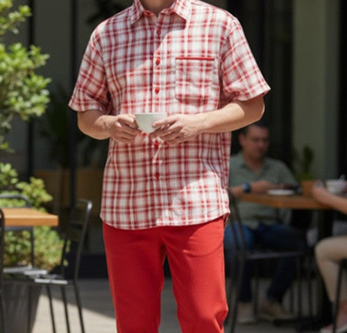 Dreams Men's Red/Off White Plaid 2 Piece Short Sleeve Resort Set Piazza 282-08