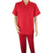 Men's vibrant red walking suit: short-sleeve button-up shirt with collar and chest pocket, paired with matching straight-leg pants. Smooth, lightweight fabric for comfort and easy movement.
