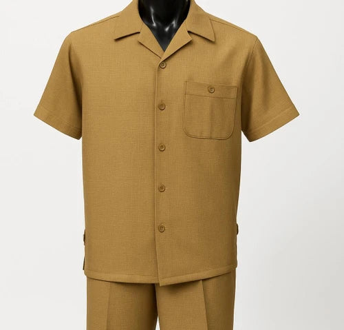 Dreams Mens Sand Tan Textured Pattern Short Sleeved Resort Set Fino 277-33