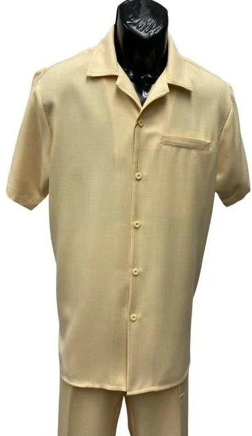 Men's yellow patterned short sleeve walking suit. Includes collared shirt with front pocket & button closure. Lightweight & smooth material designed for comfortable wear.
