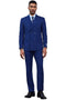 Stacy Adams blue double-breasted suit: tailored, structured design. Six-button jacket with sheen; matching straight-leg trousers. Relaxed yet sophisticated style. Smooth, possibly synthetic fabric.
