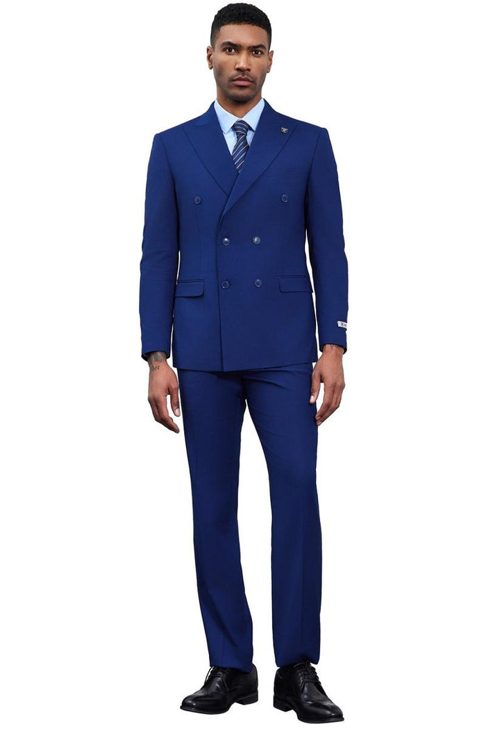 Stacy Adams blue double-breasted suit: tailored, structured design. Six-button jacket with sheen; matching straight-leg trousers. Relaxed yet sophisticated style. Smooth, possibly synthetic fabric.
