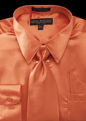 "Orange Satin Dress Shirt Set for Men - Regular Fit with Tie & Pocket Square"