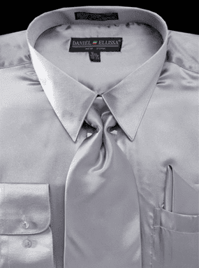 Grey Satin Dress Shirt Set for Men - Regular Fit with Tie & Pocket Square