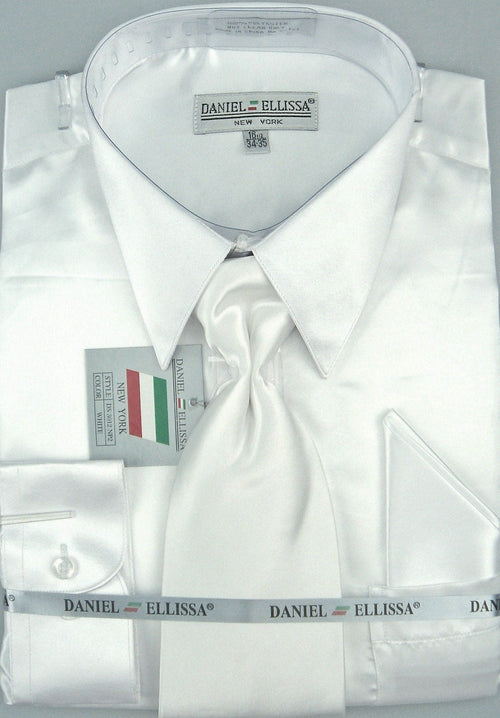 White Satin Men's Dress Shirt Set with Tie & Pocket Square - Regular Fit