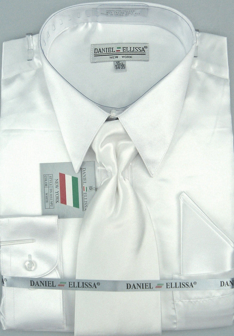 White Satin Men's Dress Shirt Set with Tie & Pocket Square - Regular Fit