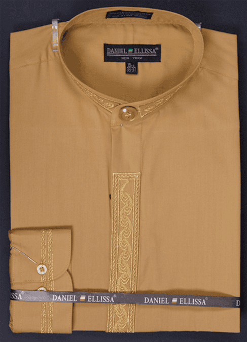 "Men's Honey Gold Regular Fit Dress Shirt with Banded Collar & Embroidery"