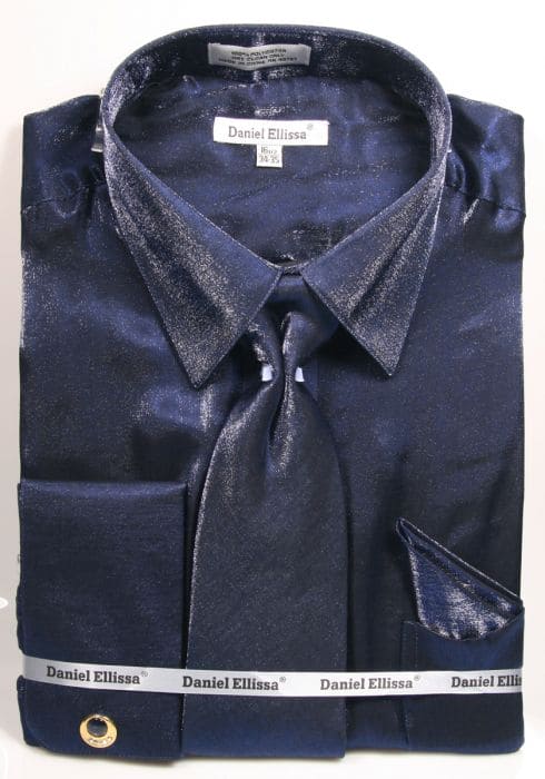 Navy Men's Metallic Velvet Dress Shirt & Tie Set - Shiny Finish