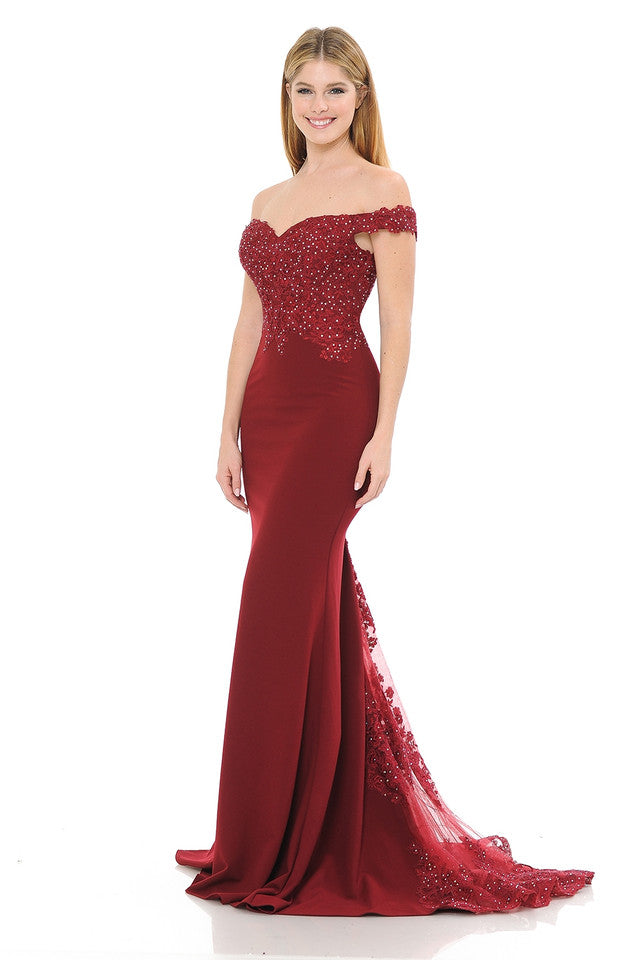 Off-Shoulder Lace Embroidered Mermaid Gown with Sheer Train By Lenovia 8134