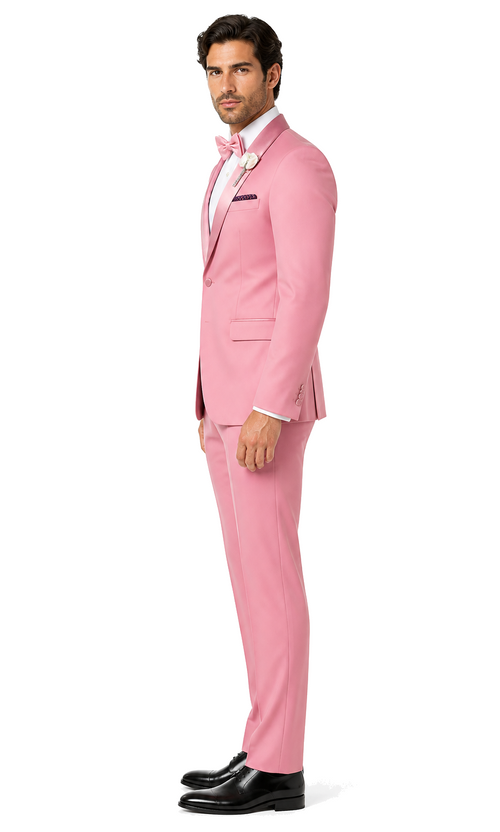 Dusty Rose Pink Tuxedo for Men â€“ One Button Satin Lapel Wedding Prom Suit with Bow Tie