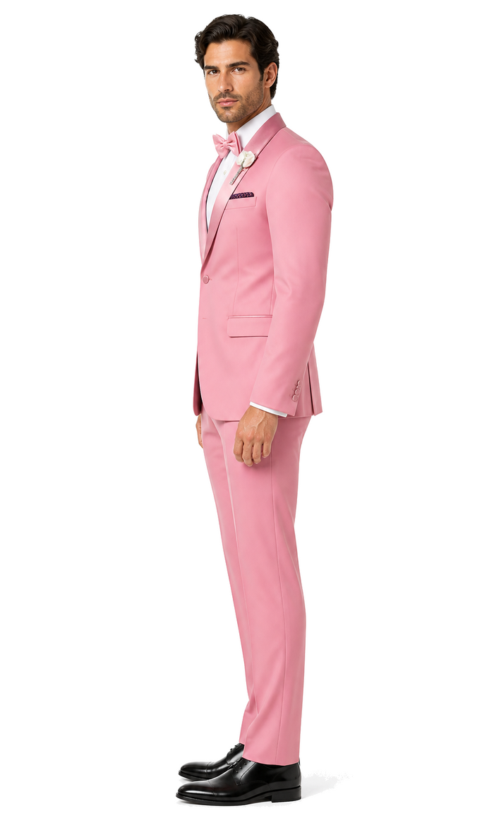 Dusty Rose Pink Tuxedo for Men â€“ One Button Satin Lapel Wedding Prom Suit with Bow Tie