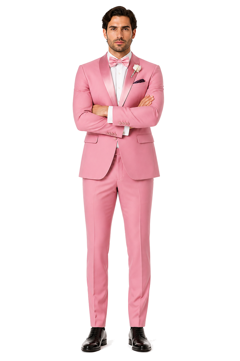 Dusty Rose Pink Tuxedo for Men â€“ One Button Satin Lapel Wedding Prom Suit with Bow Tie