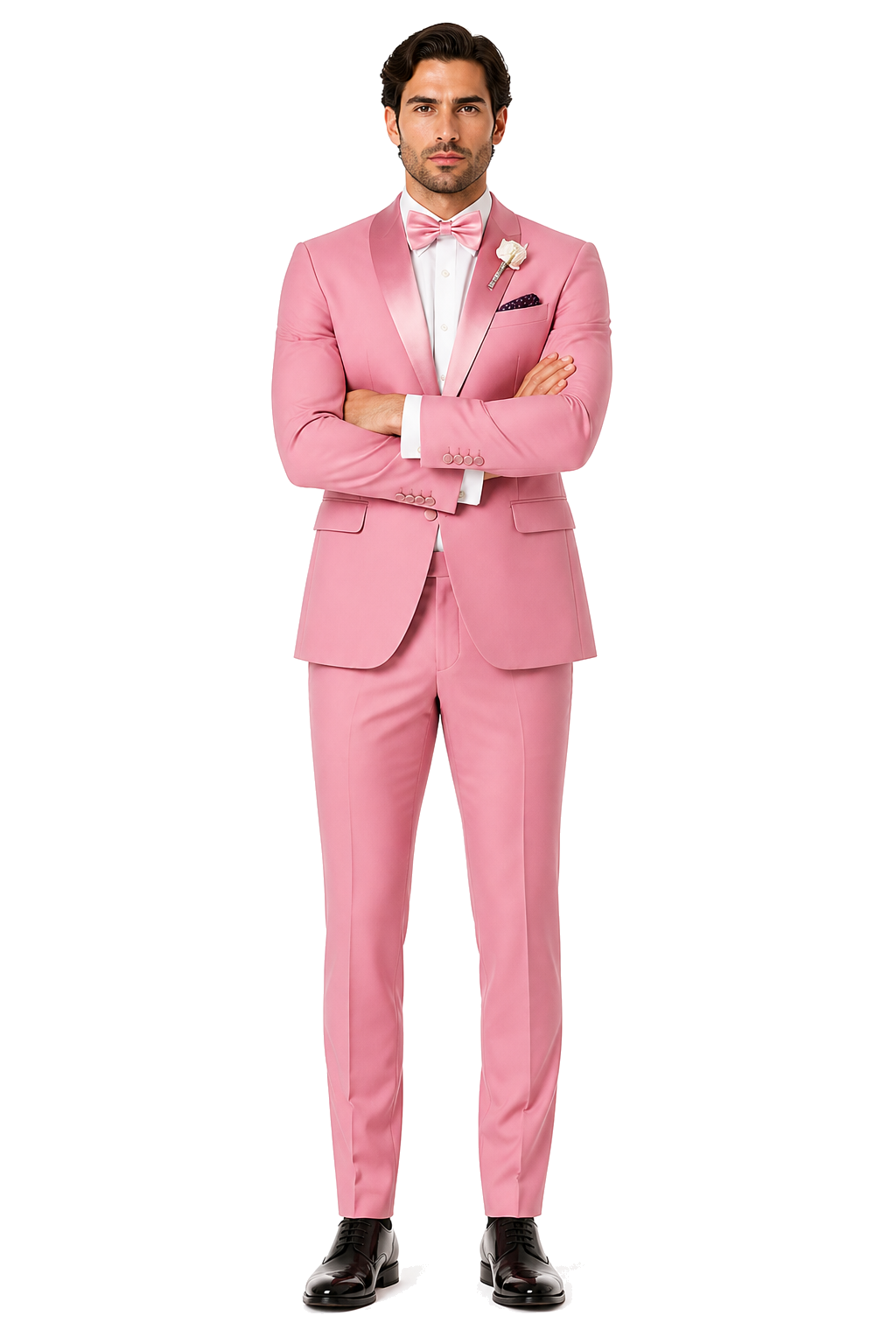 Dusty Rose Pink Tuxedo for Men â€“ One Button Satin Lapel Wedding Prom Suit  with Bow Tie