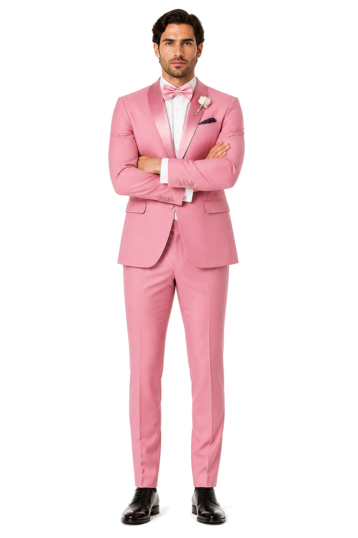 Dusty Rose Pink Tuxedo for Men â€“ One Button Satin Lapel Wedding Prom Suit with Bow Tie