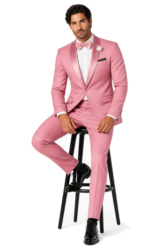 Dusty Rose Pink Tuxedo for Men â€“ One Button Satin Lapel Wedding Prom Suit with Bow Tie