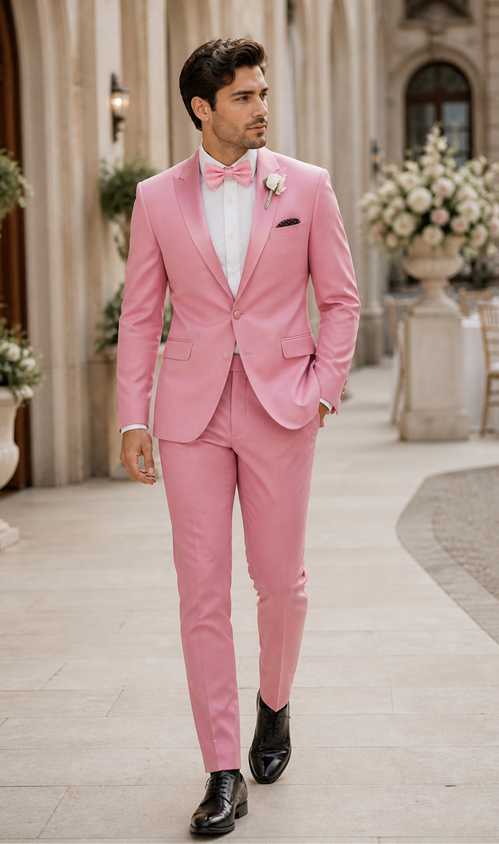 Dusty Rose Pink Tuxedo for Men â€“ One Button Satin Lapel Wedding Prom Suit with Bow Tie