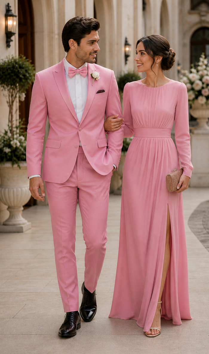 Dusty Rose Pink Tuxedo for Men â€“ One Button Satin Lapel Wedding Prom Suit with Bow Tie