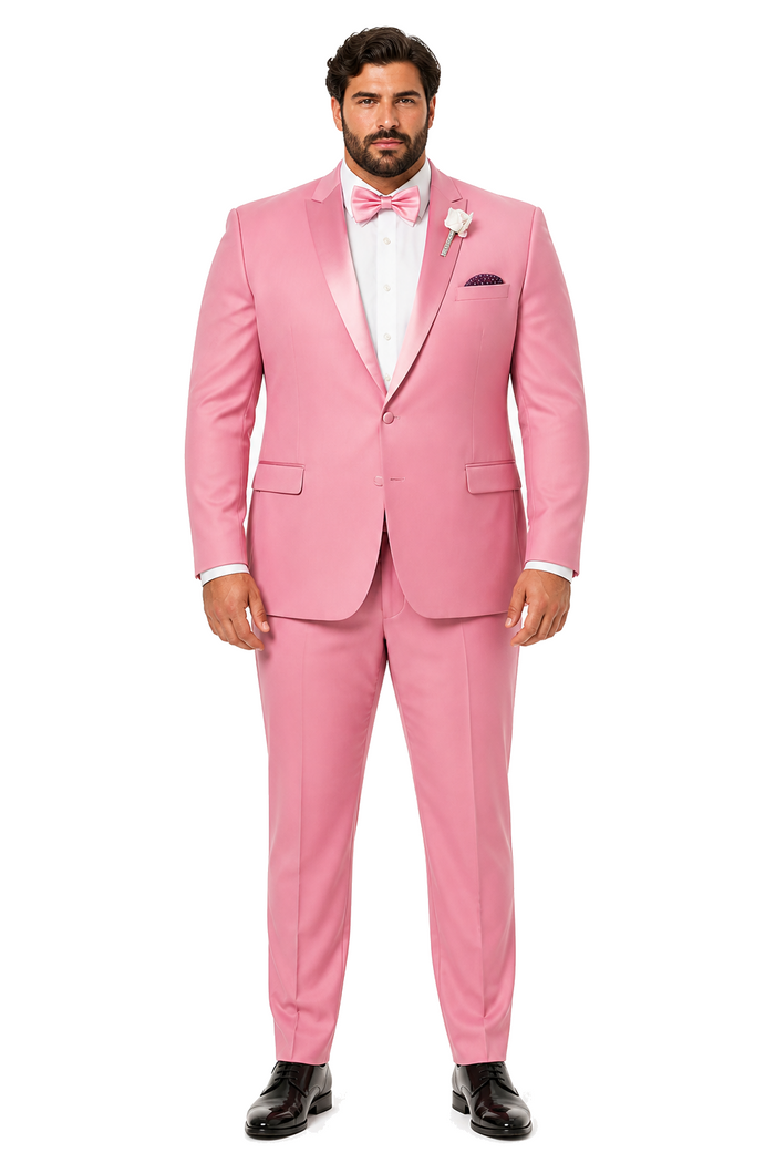 Dusty Rose Pink Tuxedo for Men â€“ One Button Satin Lapel Wedding Prom Suit with Bow Tie