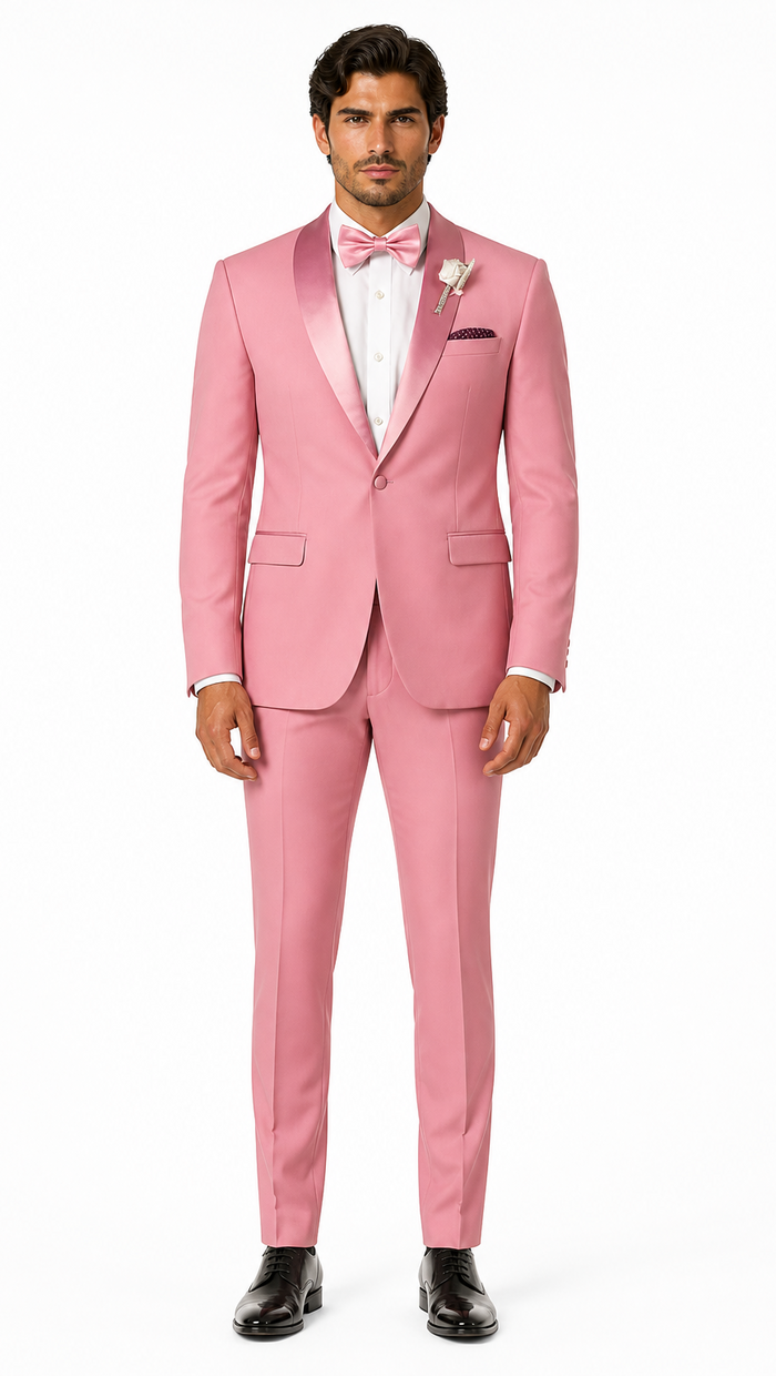 Dusty Rose Pink Tuxedo for Men â€“ One Button Satin Lapel Wedding Prom Suit with Bow Tie