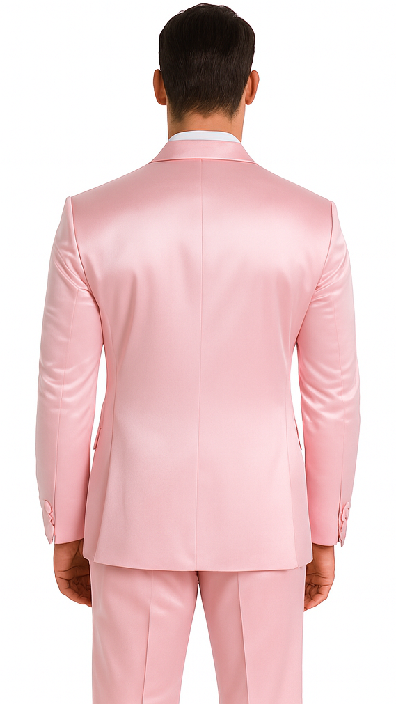 Men's dusty rose Tazzio 3-piece suit in slim fit. Satin with peak lapel, tailored structure, and dual rear vents. Double-breasted vest adds a streamlined look. Matching trousers.
