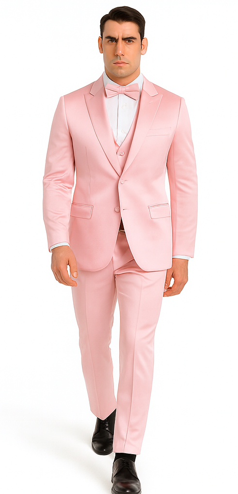 Men's Tazzio 3-piece suit in dusty rose satin. Slim fit, peak lapel, and double-breasted vest. Even color with a smooth, glossy finish.