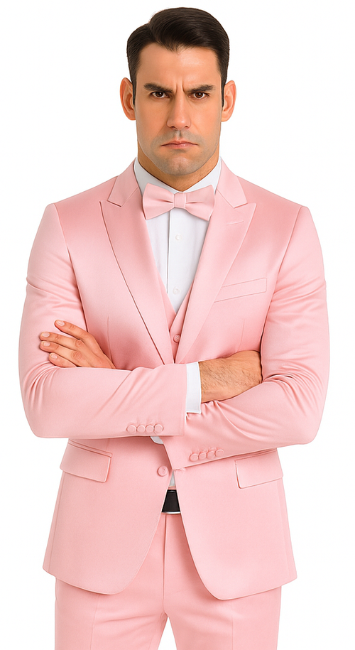 Men's Tazzio 3-piece suit in dusty rose satin. Slim fit with a peak lapel jacket, double-breasted vest, and matching trousers. Smooth, shiny fabric.