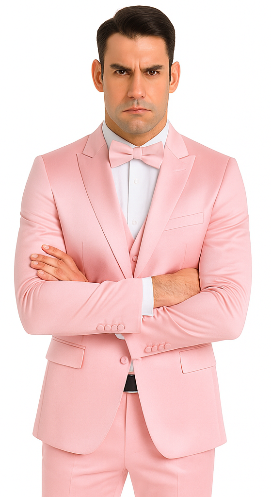 Men's Tazzio 3-piece suit in dusty rose satin. Slim fit with a peak lapel jacket, double-breasted vest, and matching trousers. Smooth, shiny fabric.