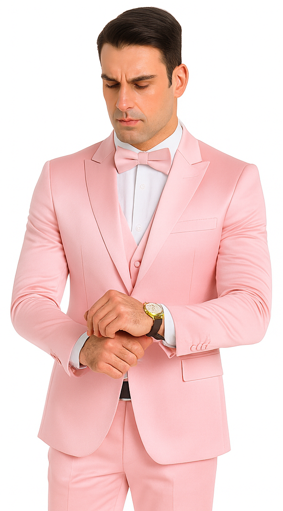 Men's dusty rose satin three-piece suit. Slim fit, peak lapel, double-breasted vest. Smooth, shiny fabric. Jacket with structured shoulders, fitted sleeves. Matching trousers, bow tie included.
